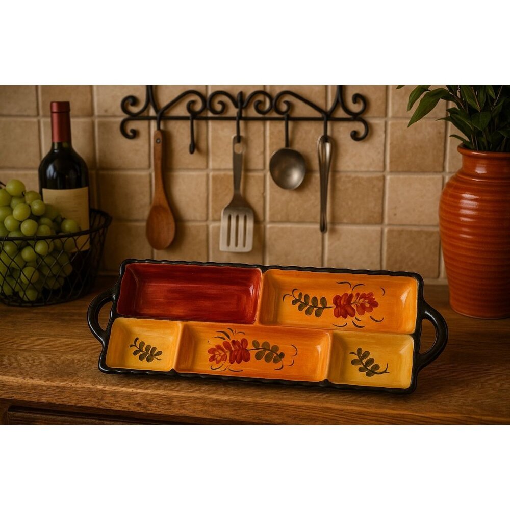 Toscana Casa Elite Divided Hand Painted Ceramic Tray Artisan Tuscan Floral